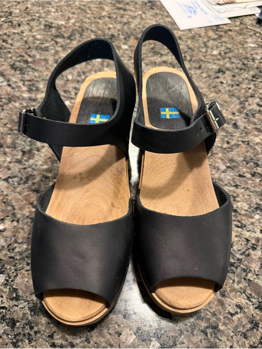 MIa Greta Black Leather Wooden Platform Sandals with Swedish Flag Insole W39
